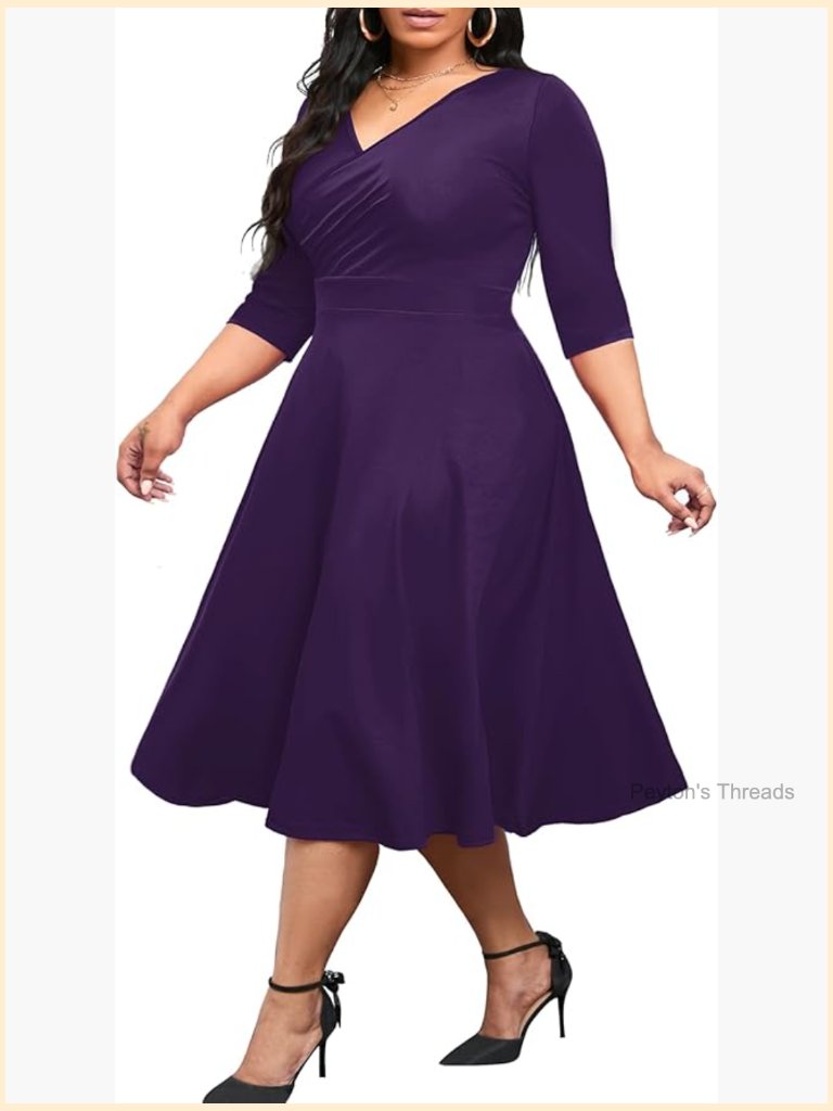 Plus Size Swing Midi Dress With Pockets 3/4 Sleeve V-Neck Flowy Casual